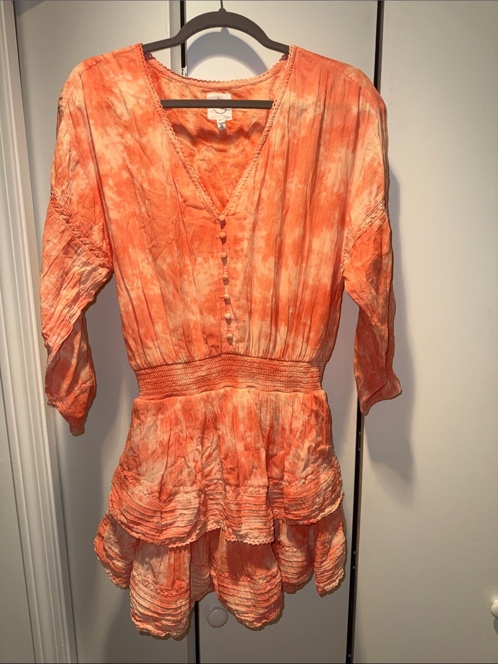 aerie Orange Tie-Dye Ruffle Peasant Tunic